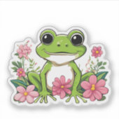 Schattigee kikker Zittend in Bloemen Waterdicht Sticker (Voorkant)