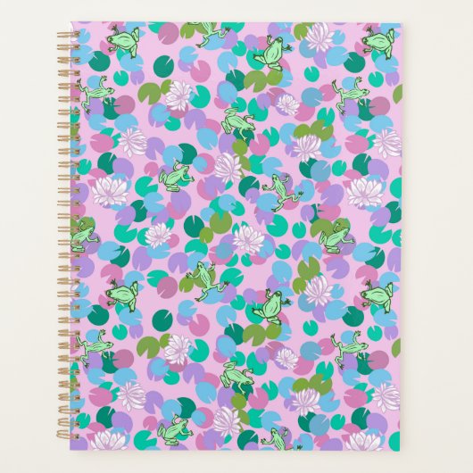 Schattigee kikkerkunstplanner met roze achtergrond planner (Voorkant)