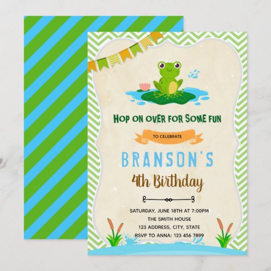 Schattigee kikkerpad verjaardagsfeestje uitnodigin kaart (Voorkant / Achterkant)