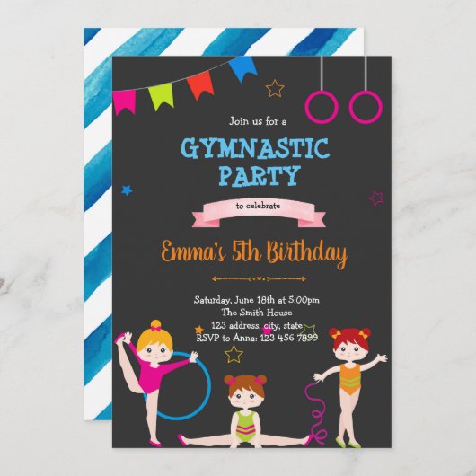 Schattigee kind gymnastische uitnodiging (Voorkant / Achterkant)