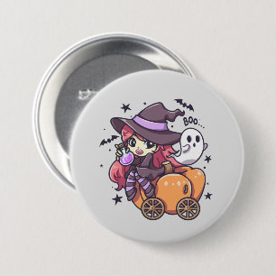 Schattigee Kind heks zittend op een pompoen auto Ronde Button 7,6 Cm