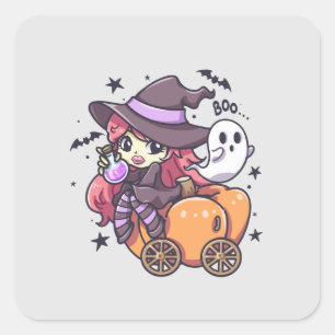 Schattigee Kind heks zittend op een pompoen auto Vierkante Sticker