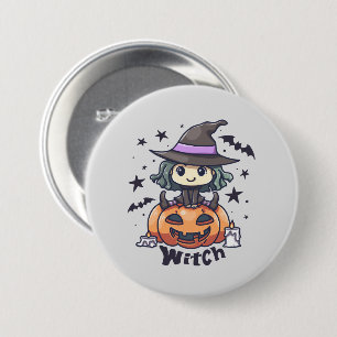 Schattigee Kind heks zittend op een pompoen - "Wit Ronde Button 7,6 Cm