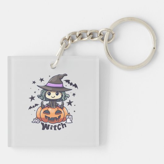 Schattigee Kind heks zittend op een pompoen - "Wit Sleutelhanger (Achterkant)