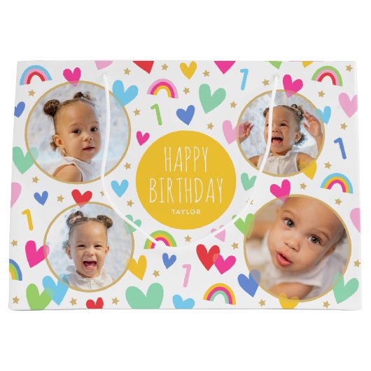 Schattigee Kinder 1e Verjaardag Regenboog Foto Har Groot Cadeauzakje (Voorkant)