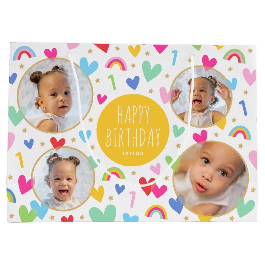 Schattigee Kinder 1e Verjaardag Regenboog Foto Har Groot Cadeauzakje (Achterkant)
