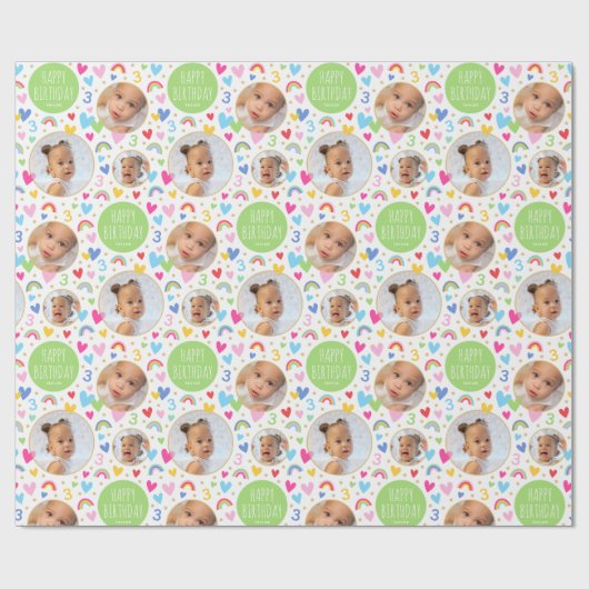 Schattigee Kinder 3e Verjaardag Regenboog Foto Har Cadeaupapier (Vlak)