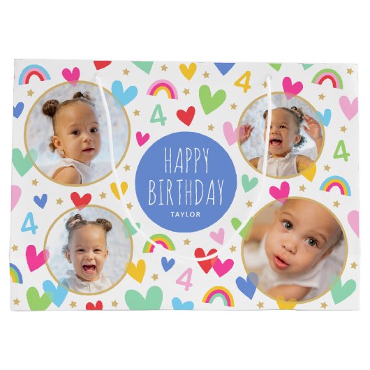 Schattigee Kinder 4e Verjaardag Regenboog Foto Har Groot Cadeauzakje (Achterkant)