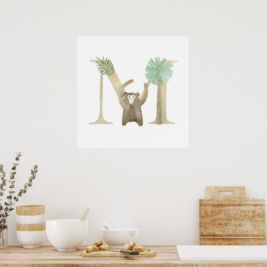 Schattigee Kinder Animal MONKEY Monogram M Nursery Poster (Keuken)