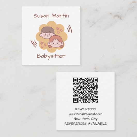 SCHATTIGEE KINDER Babysitter QR Code Baby Vierkante Visitekaartje (Voorkant / Achterkant)