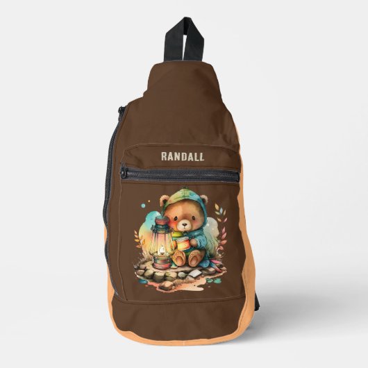 Schattigee kinder camping beer Naam toevoegen Sling Bag (Voorkant)
