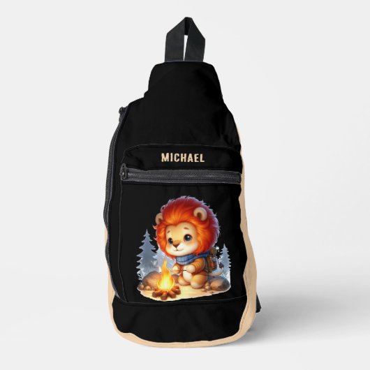 Schattigee kinder camping Voeg naam toe Lion Sling Bag (Voorkant)