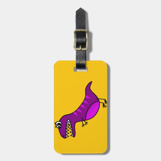Schattigee kinder cartoon boze paarse dinosaurus bagagelabel (Voorkant verticaal)