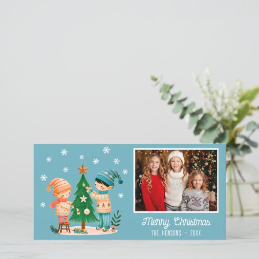 Schattigee Kinder decoratie kerstboom foto Feestdagenkaart (Staand voorkant)