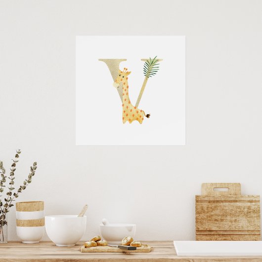 Schattigee Kinder dierlijke Giraffe Monogram V Kwe Poster (Keuken)