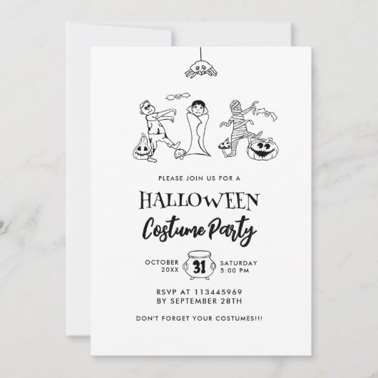 Schattigee Kinder Doodle Halloween Kostuumfeest Kaart (Voorkant)