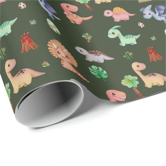 Schattigee Kinder Groene Dino Patroon Verjaardagsf Cadeaupapier (Rol Hoek)