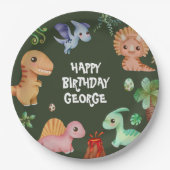 Schattigee Kinder Groene Dino Verjaardagsfeestje Papieren Bordje (Voorkant)