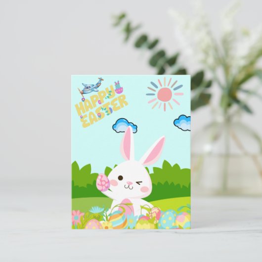 Schattigee Kinder Groene Natuur Konijnenei Gelukki Feestdagenkaart (Staand voorkant)
