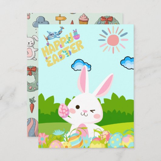 Schattigee Kinder Groene Natuur Konijnenei Gelukki Feestdagenkaart (Voorkant / Achterkant)