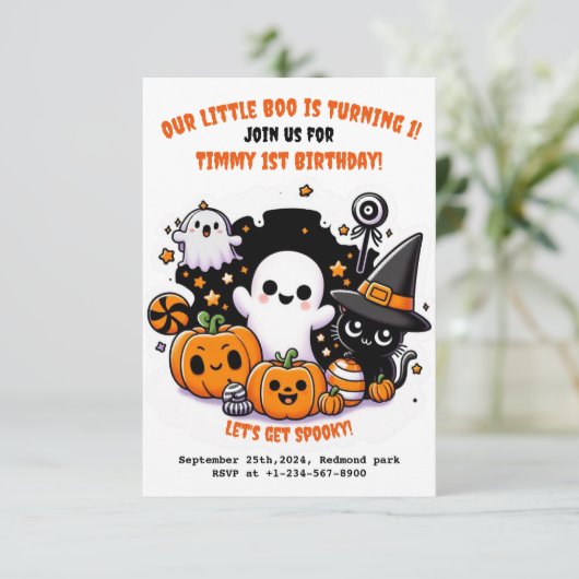 Schattigee Kinder Halloween 1e Verjaardagsuitnodig Kaart (Staand voorkant)