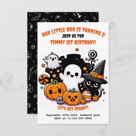 Schattigee Kinder Halloween 1e Verjaardagsuitnodig Kaart (Voorkant / Achterkant)