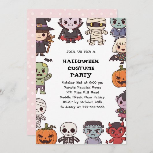 Schattigee Kinder Halloween Invitation Sjabloon |  Kaart (Voorkant / Achterkant)