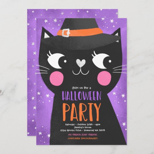 Schattigee Kinder Halloween Party Witches Cat Spoo Kaart (Voorkant / Achterkant)