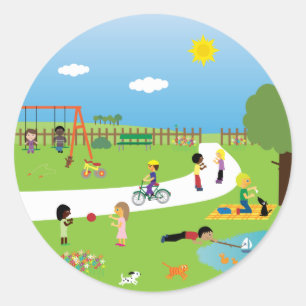 Schattigee Kinder & Huisdieren spelen in het park  Ronde Sticker