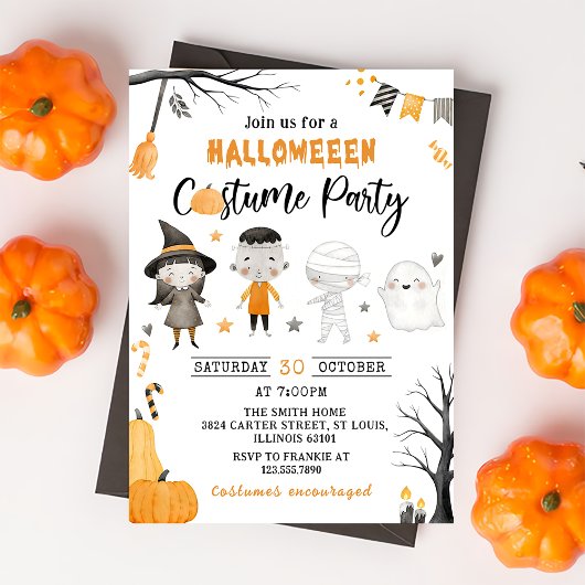 Schattigee Kinder kostuum Halloween Party Invitati Kaart