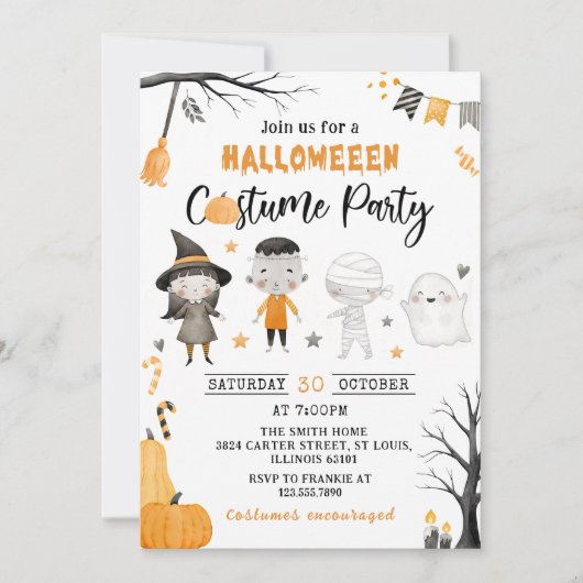 Schattigee Kinder kostuum Halloween Party Invitati Kaart (Voorkant)