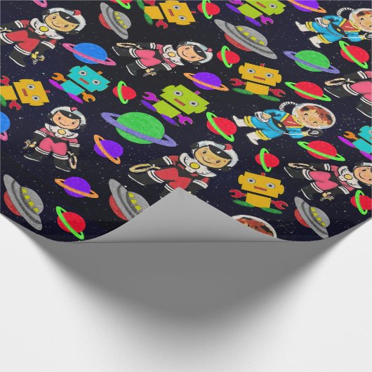 Schattigee Kinder Retro Astronauten, Robots en Pla Cadeaupapier (Hoek)