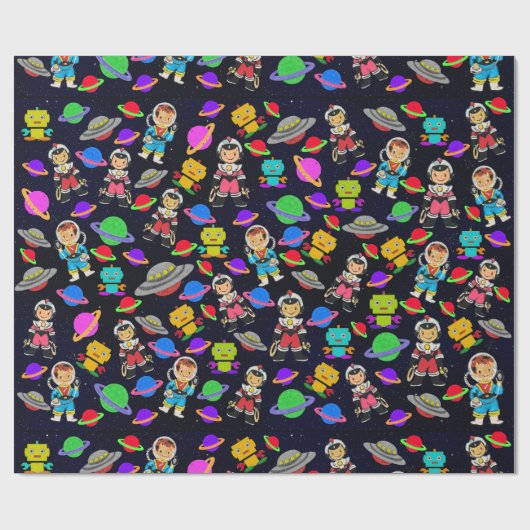 Schattigee Kinder Retro Astronauten, Robots en Pla Cadeaupapier (Vlak)