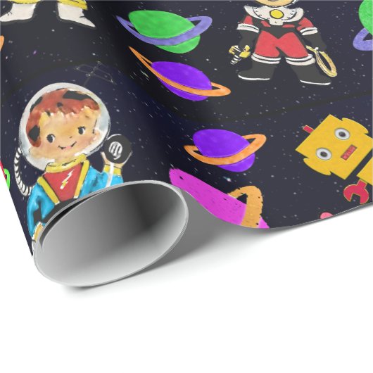 Schattigee Kinder Retro Astronauten, Robots en Pla Cadeaupapier (Rol Hoek)
