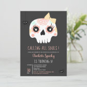 Schattigee kinder Schedel roze strik Halloween 5e  Kaart (Staand voorkant)