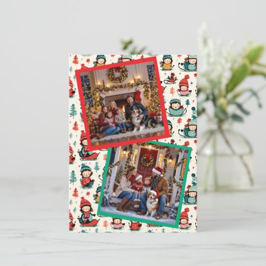 Schattigee Kinder Sledding Twee Foto Kerst Feestdagenkaart (Staand voorkant)