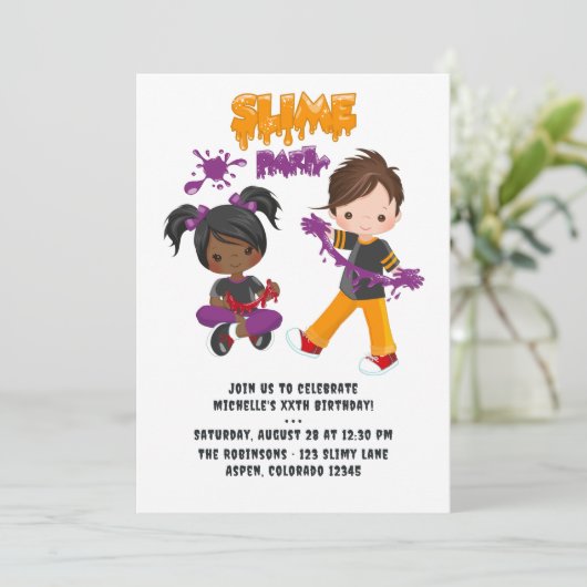 Schattigee Kinder Slime Party Verjaardagsfoto Kaart (Staand voorkant)