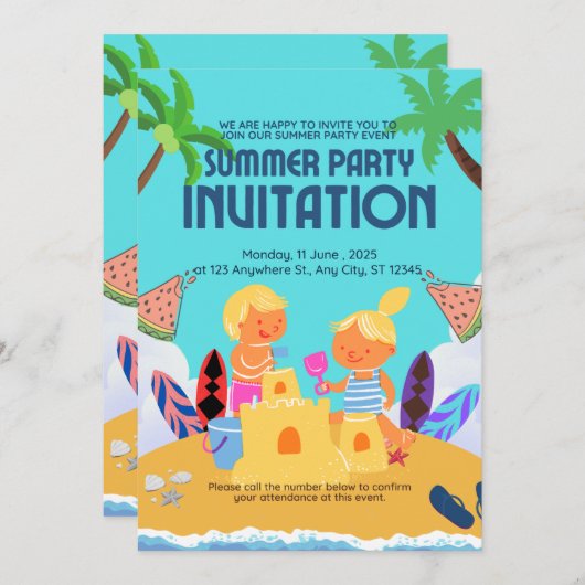 Schattigee Kinder strand zomerfeest uitnodiging |  (Voorkant / Achterkant)