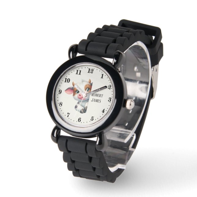 Schattigee kinder unisex koe peeking naam toevoege horloge (Hoek)
