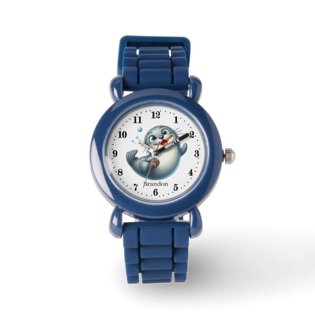 Schattigee kinder unisex zegel Voeg naam toe Horloge (Voorkant)