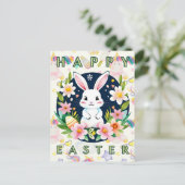 Schattigee Kinder Waterverf Bloemenkonijntje Ei Ha Feestdagenkaart (Staand voorkant)