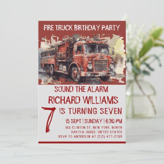 Schattigee Kinder Waterverf Brandweerwagen Verjaar Kaart (Staand voorkant)