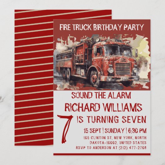 Schattigee Kinder Waterverf Brandweerwagen Verjaar Kaart (Voorkant / Achterkant)