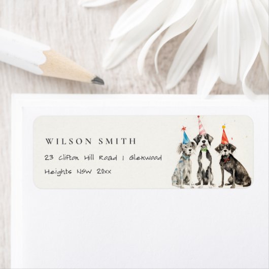 Schattigee Kinder Waterverf Pawty Dog Verjaardagsf Etiket (Insitu)