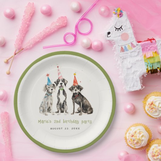 Schattigee Kinder Waterverf Pawty Dog Verjaardagsf Papieren Bordje (Feest)
