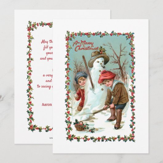 Schattigee Kinderen en Sneeuwman Feestdagenkaart (Voorkant / Achterkant)