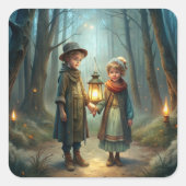 Schattigee kinderen in de winter vierkante sticker (Voorkant)