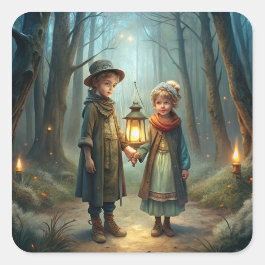 Schattigee kinderen in de winter vierkante sticker (Voorkant)