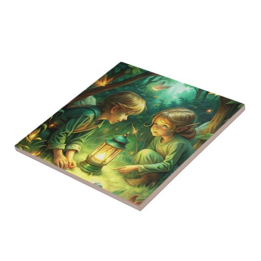 Schattigee kinderen in het bos tegeltje (Zijkant)