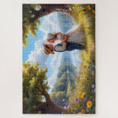 Schattigee kinderen omarmen door een sereen meer legpuzzel (Verticaal)